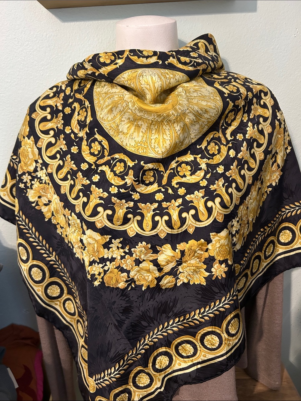 Luxury Floral Baroque Silk Scarf - Black & Gold yellow Eagle centerpiece